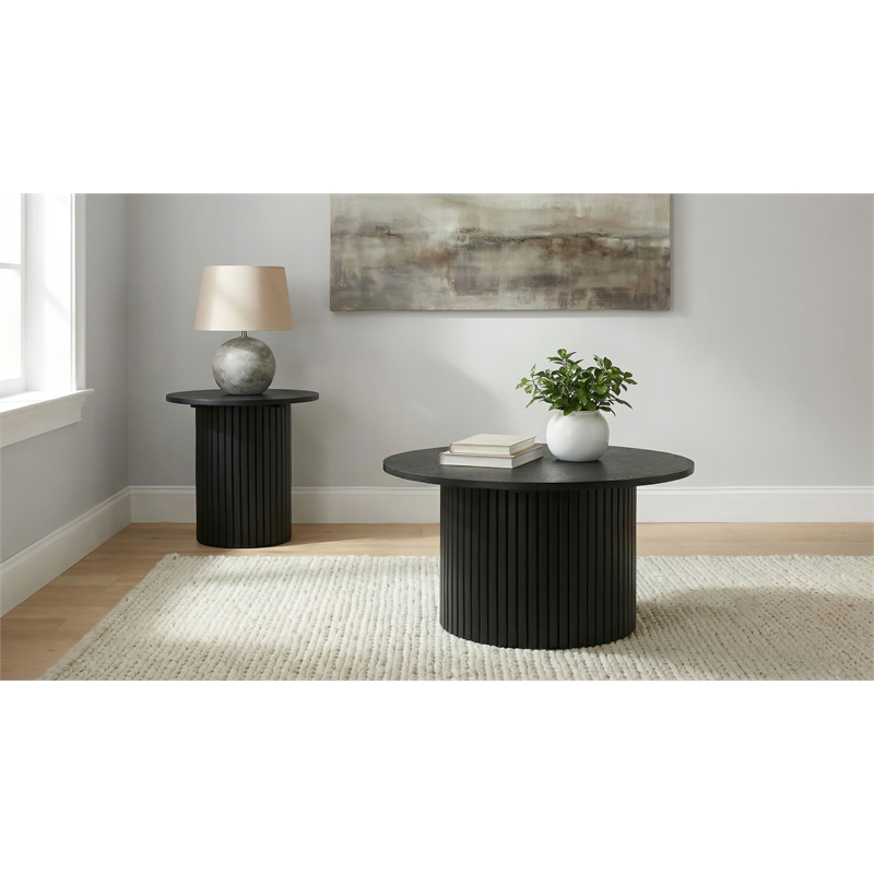 Pemberly Row 2-Piece Round Wood Fluted Coffee and End Table Set in Black