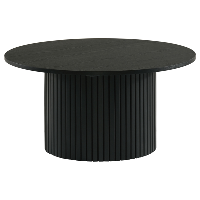 Pemberly Row 2-Piece Round Wood Fluted Coffee and End Table Set in Black