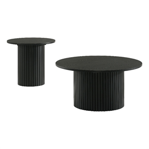 Pemberly Row 2-Piece Round Wood Fluted Coffee and End Table Set in Black