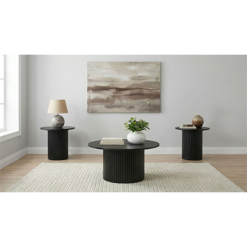 Pemberly Row 3-Piece Round Wood Fluted Coffee and End Table Set in Black