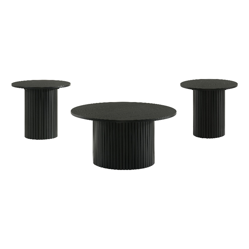 Pemberly Row 3-Piece Round Wood Fluted Coffee and End Table Set in Black