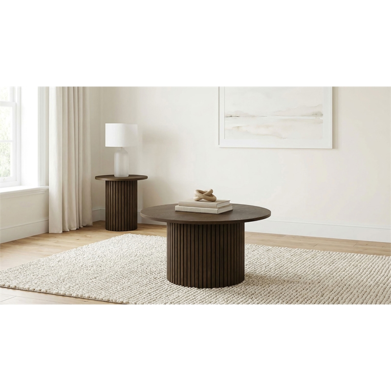 Pemberly Row 2-Piece Round Wood Fluted Coffee and End Table Set in Walnut