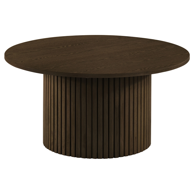 Pemberly Row 2-Piece Round Wood Fluted Coffee and End Table Set in Walnut