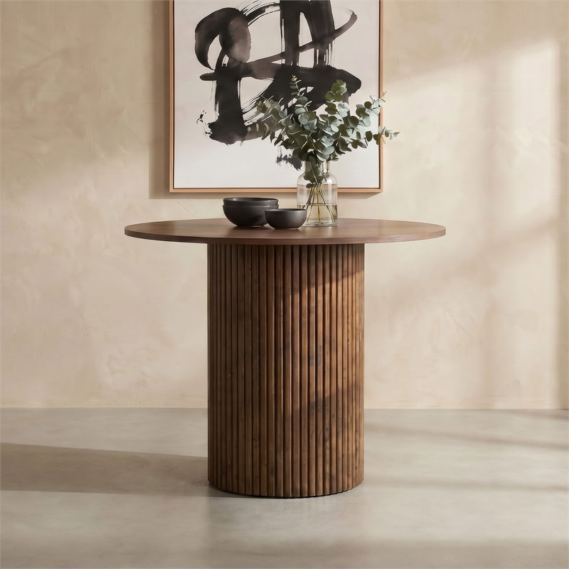 Pemberly Row Round Fluted Wood Counter Height Dining Table in Walnut