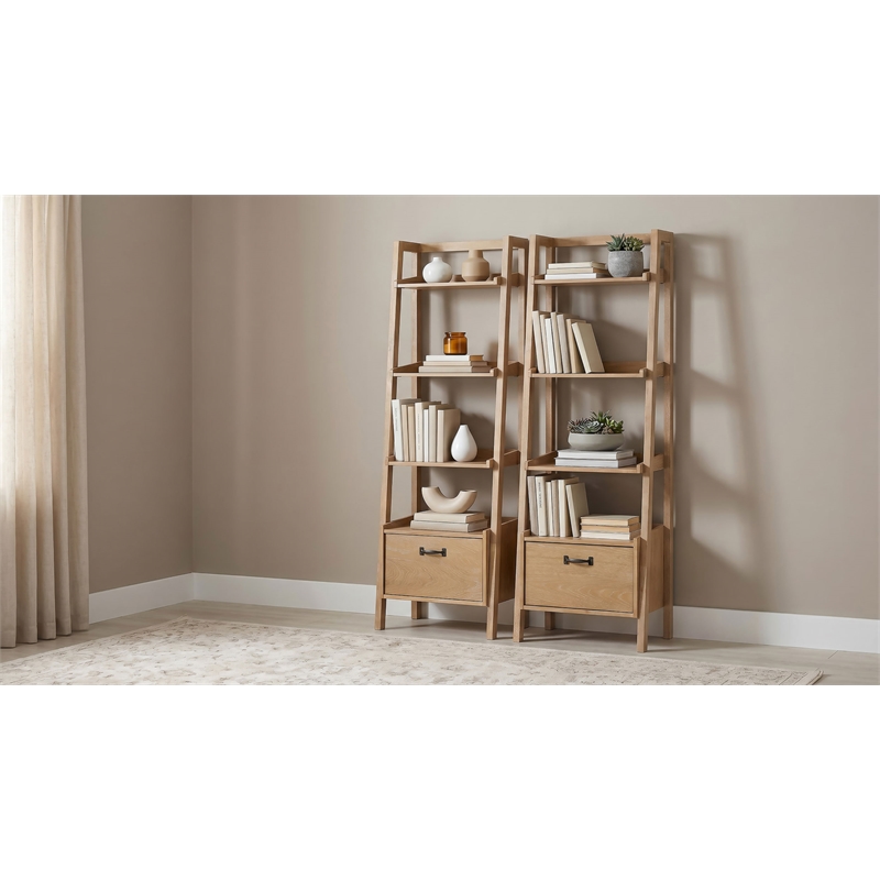 Pemberly Row 2-Piece Wood Bookshelf with Drawer in Distressed Light Brown