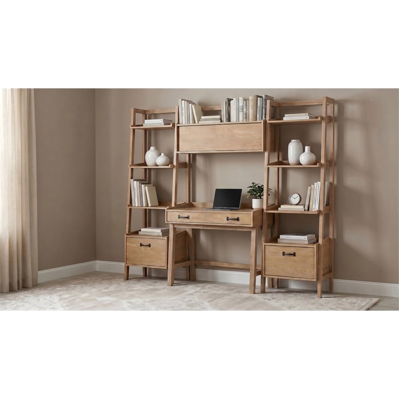 Pemberly Row 4-Piece Wood Desk and Bookshelf Set in Distressed Light Brown