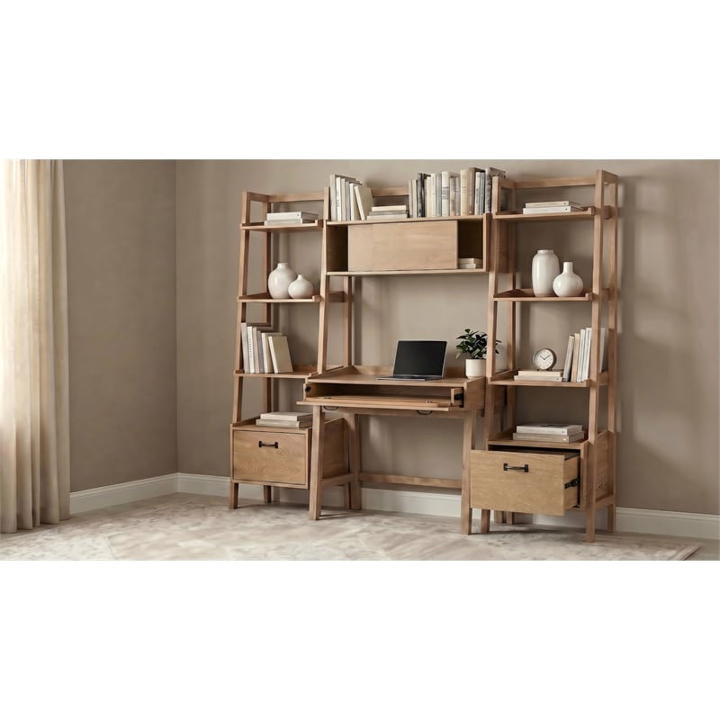 Pemberly Row 4-Piece Wood Desk and Bookshelf Set in Distressed Light Brown
