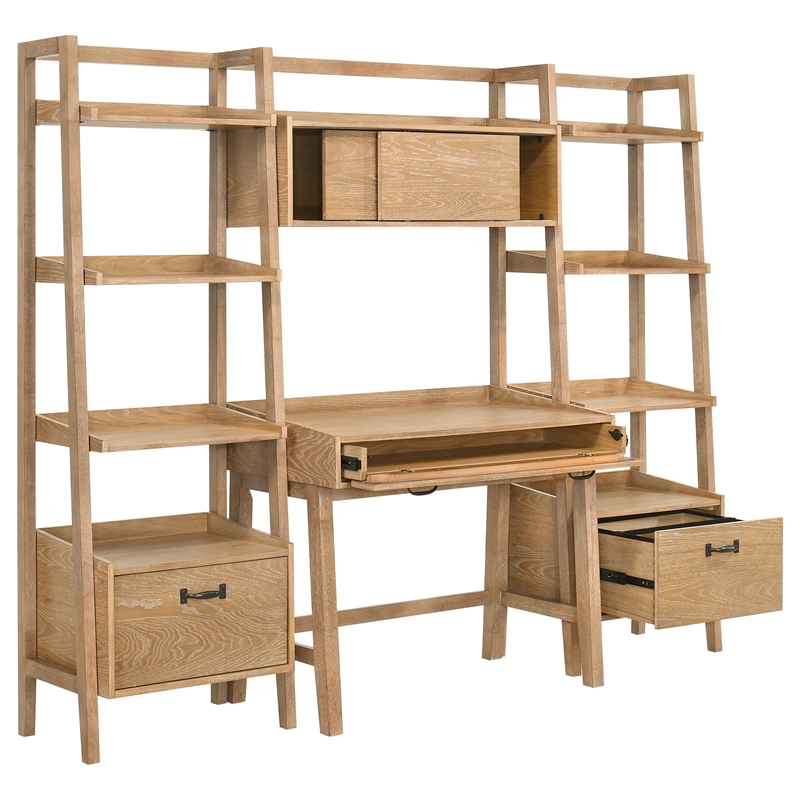 Pemberly Row 4-Piece Wood Desk and Bookshelf Set in Distressed Light Brown