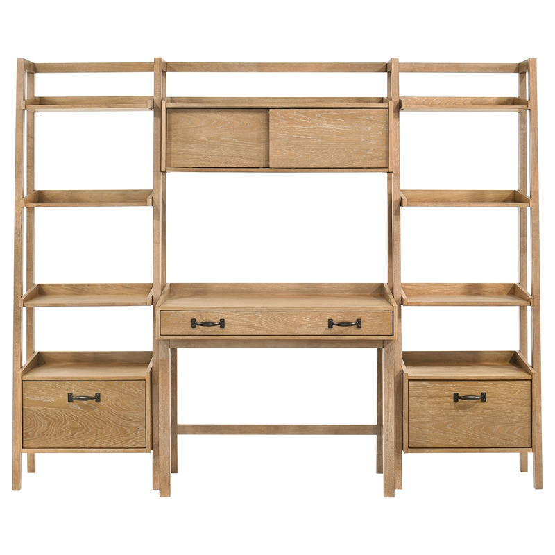Pemberly Row 4-Piece Wood Desk and Bookshelf Set in Distressed Light Brown