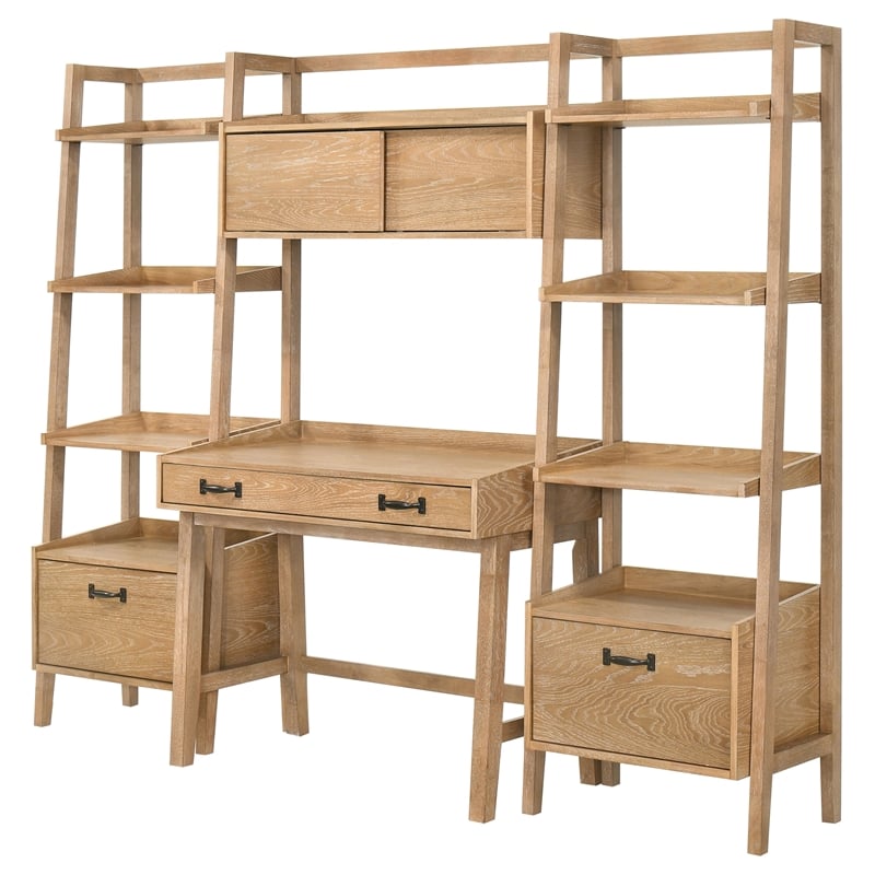 Pemberly Row 4-Piece Wood Desk and Bookshelf Set in Distressed Light Brown