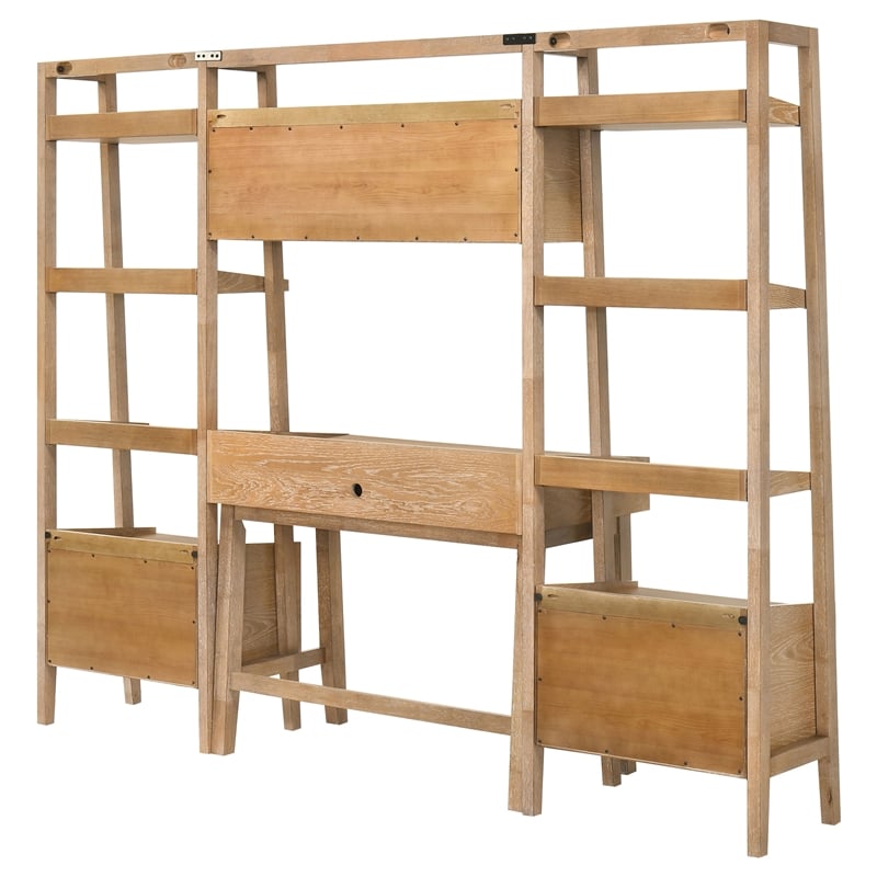 Pemberly Row 4-Piece Wood Desk and Bookshelf Set in Distressed Light Brown