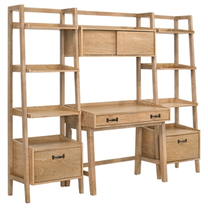Pemberly Row 4-Piece Wood Desk and Bookshelf Set in Distressed Light Brown