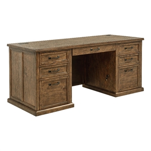Pemberly Row 68&quot 7-Drawer Wood Executive Desk in Distressed Brown