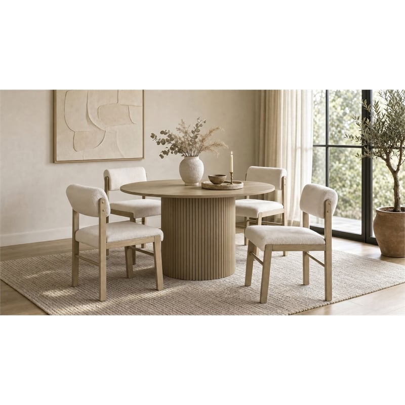Pemberly Row 5-Piece Round Wood and Fabric Dining Set in Cream/Natural Oak