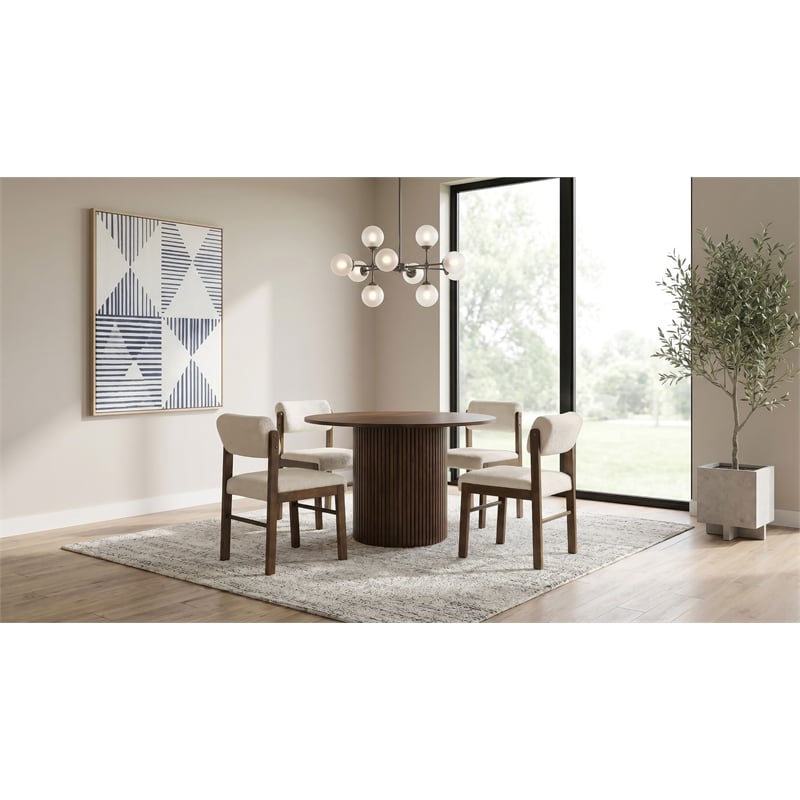 Pemberly Row 5-Piece Round Wood and Fabric Dining Set in Cream/Walnut