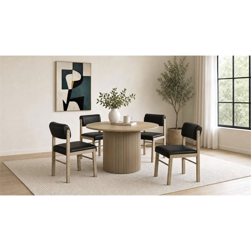 Pemberly Row 5-Piece Round Wood and Faux Leather Dining Set in Black/Oak