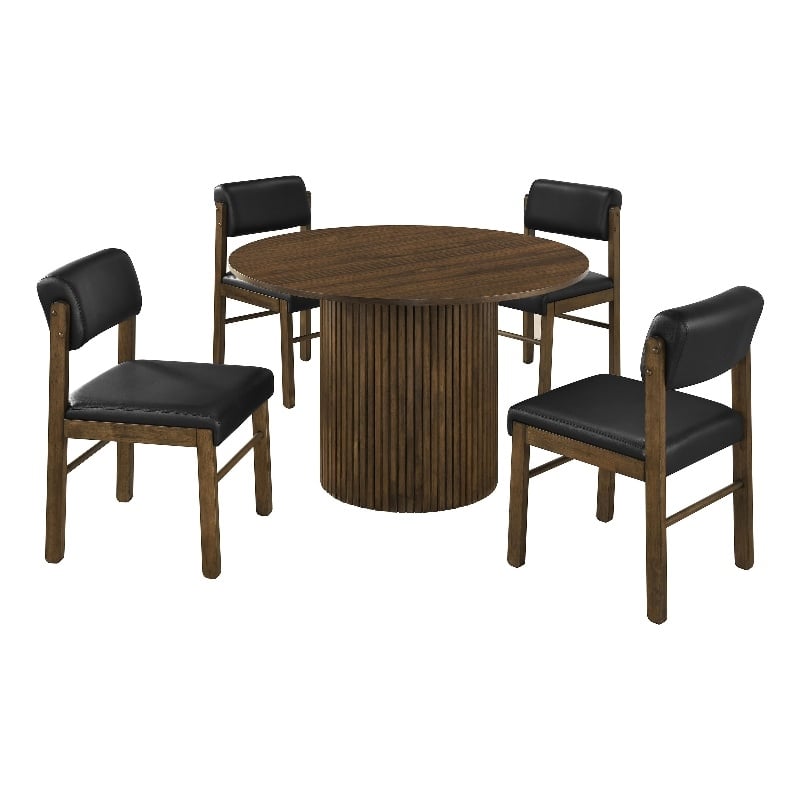 Pemberly Row 5-Piece Round Wood and Faux Leather Dining Set in Black/Walnut