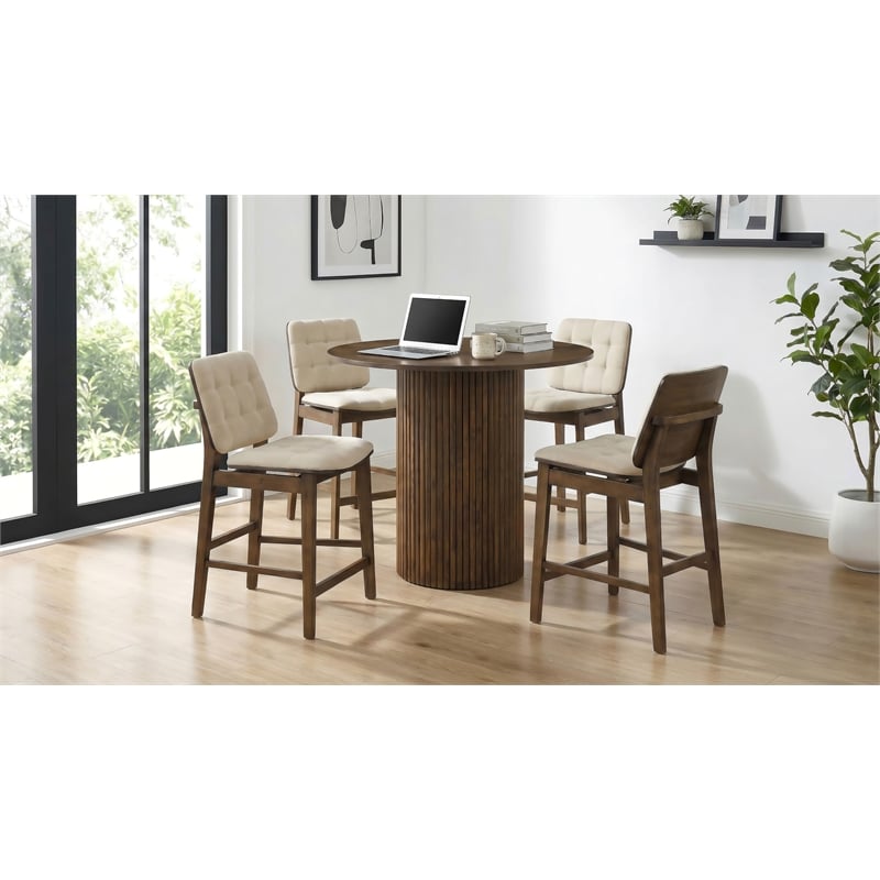 Pemberly Row 5-Piece Round Wood Counter Height Dining Set in Cream/Walnut