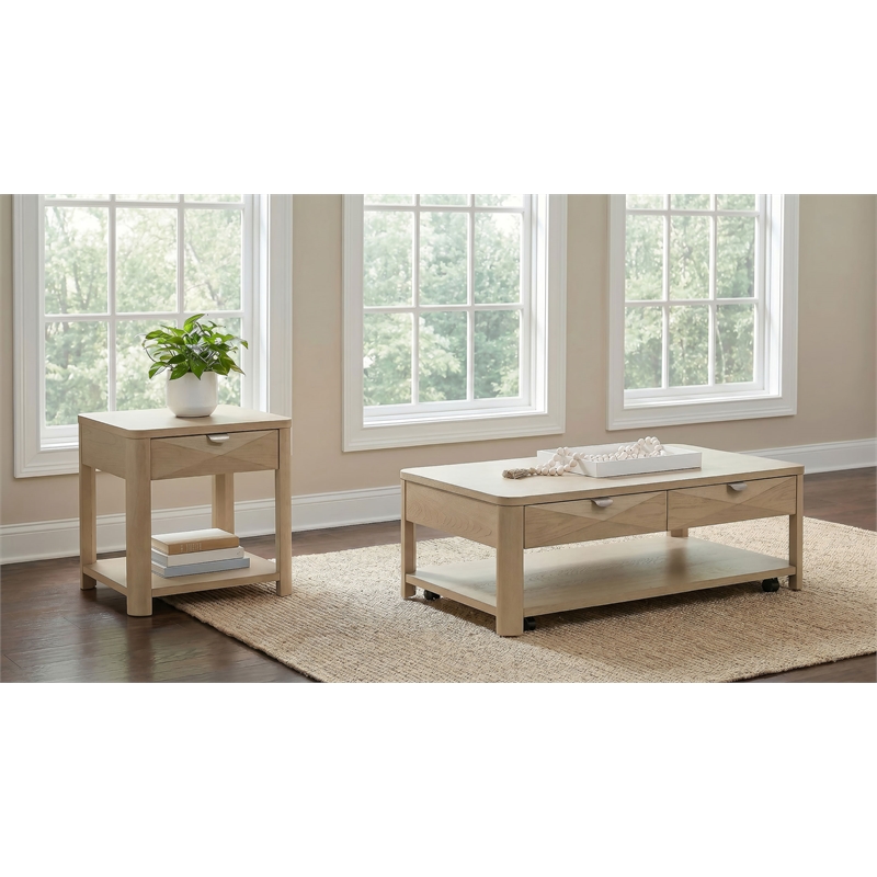Pemberly Row 2-Piece Transitional Wood Coffee Table Set in Light Elm