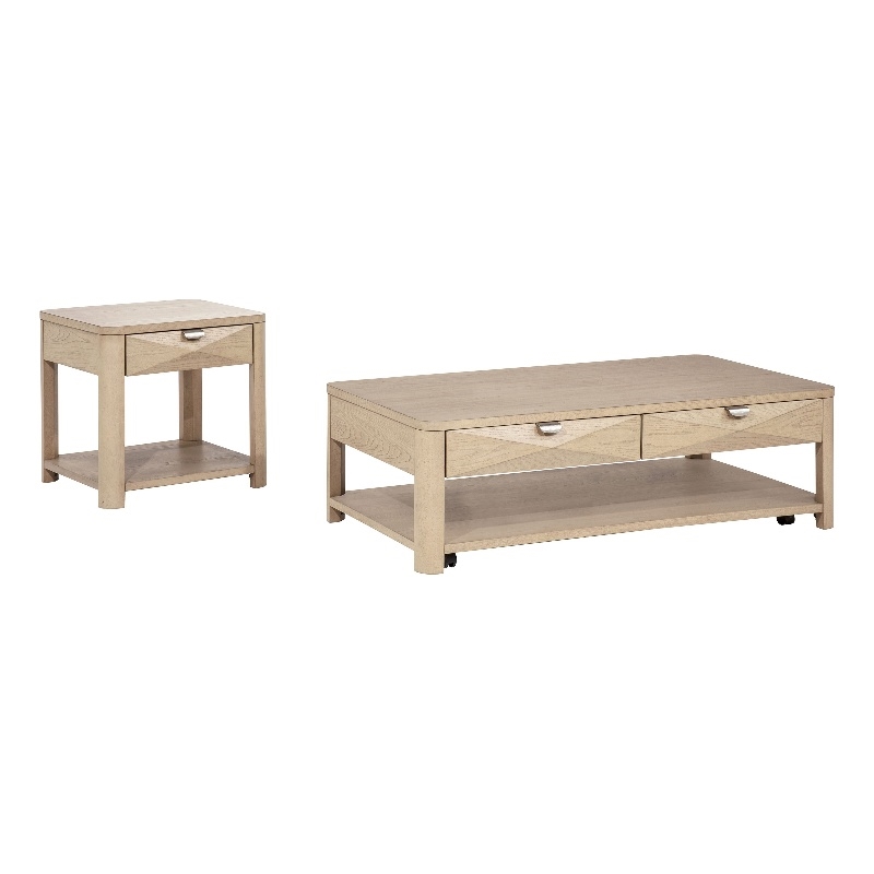 Pemberly Row 2-Piece Transitional Wood Coffee Table Set in Light Elm
