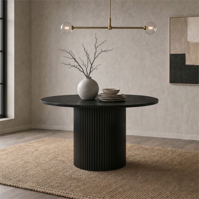 Pemberly Row Round Fluted Transitional Wood Dining Table in Black