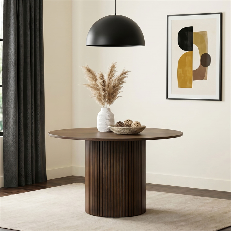 Pemberly Row Round Fluted Transitional Wood Dining Table in Walnut