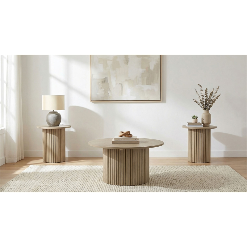 Pemberly Row 3-Piece Round Fluted Coffee and End Table Set in Natural Oak