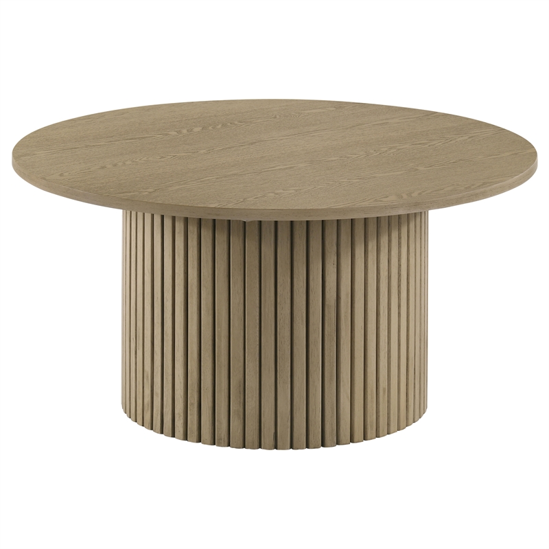 Pemberly Row 3-Piece Round Fluted Coffee and End Table Set in Natural Oak