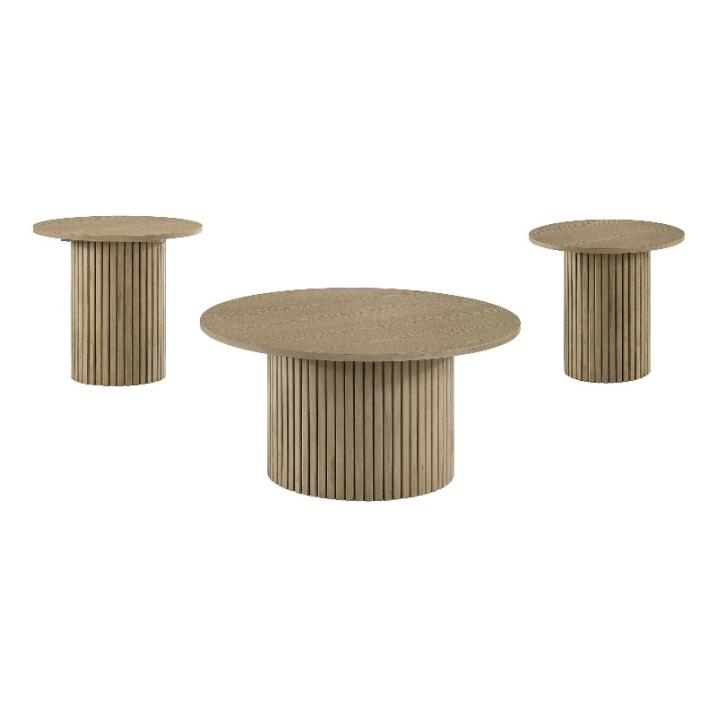 Pemberly Row 3-Piece Round Fluted Coffee and End Table Set in Natural Oak