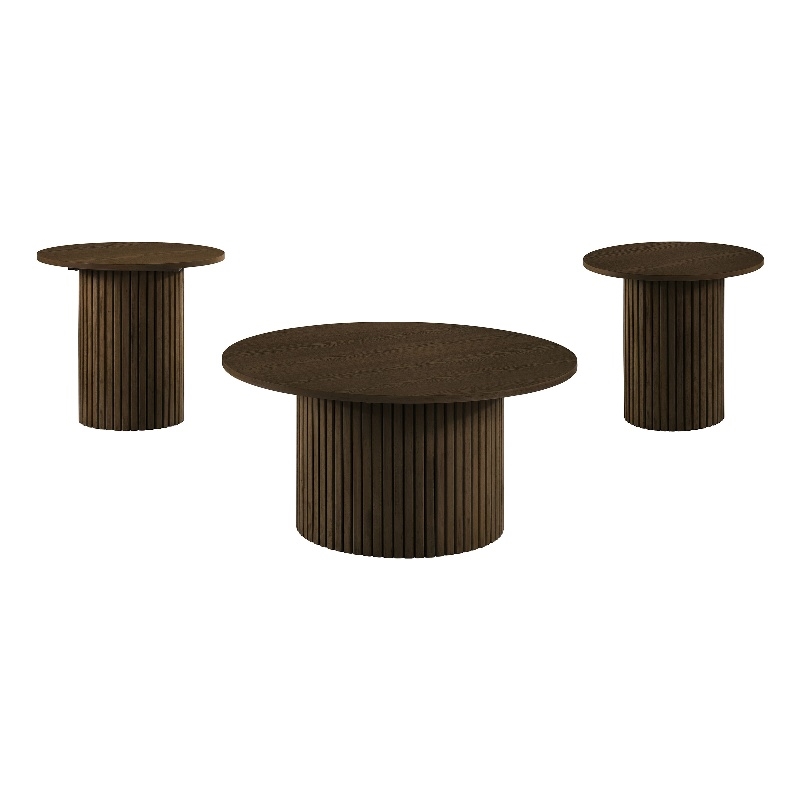 Pemberly Row 3-Piece Round Wood Fluted Coffee and End Table Set in Walnut