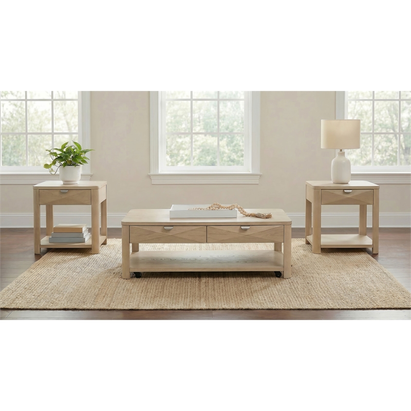 Pemberly Row 3-Piece Transitional Wood Coffee Table Set in Light Elm
