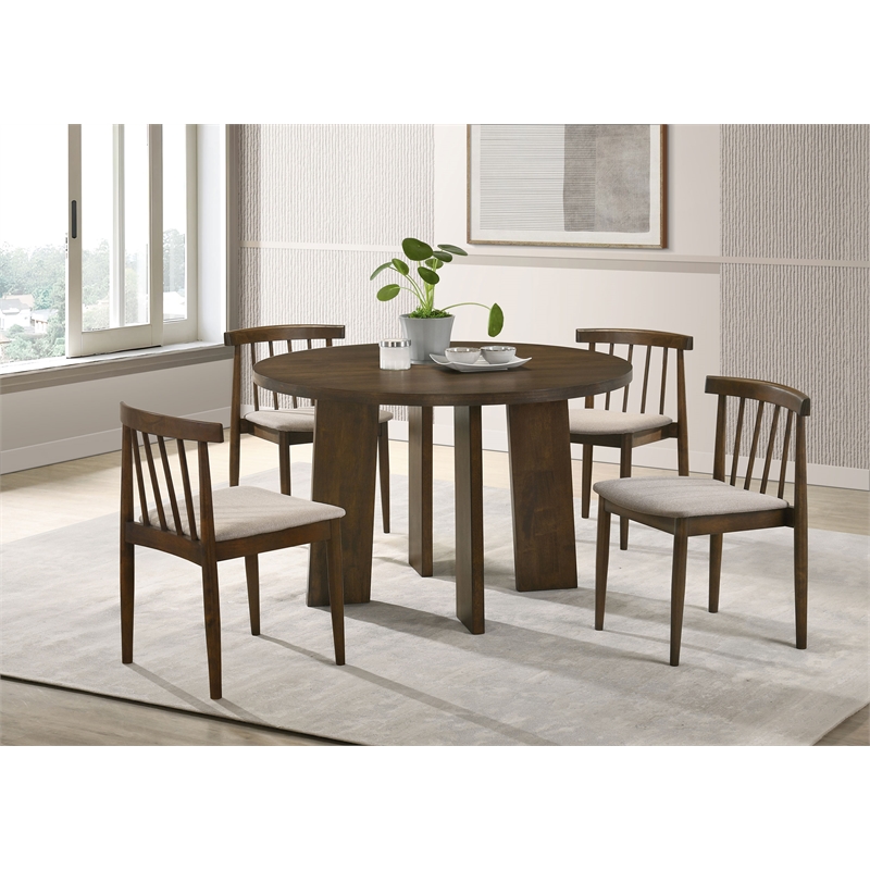 Pemberly Row 5-Piece Wood Dining Set with Spindle Chair in Wheat/Walnut