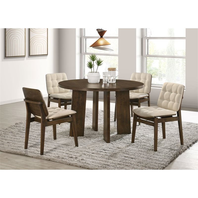 Pemberly Row 5-Piece Round Velvet and Wood Dining Set in Cream/Walnut