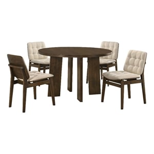 Pemberly Row 5-Piece Round Velvet and Wood Dining Set in Cream/Walnut