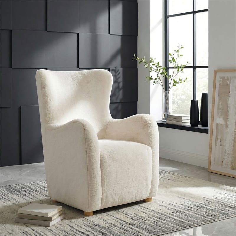Pemberly Row Faux Fur Fabric Wingback Lounge Accent Chair in Ivory