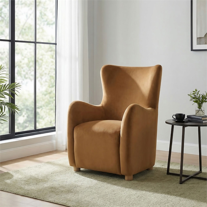 Pemberly Row Velvet Wingback Lounge Accent Chair in Cognac Brown