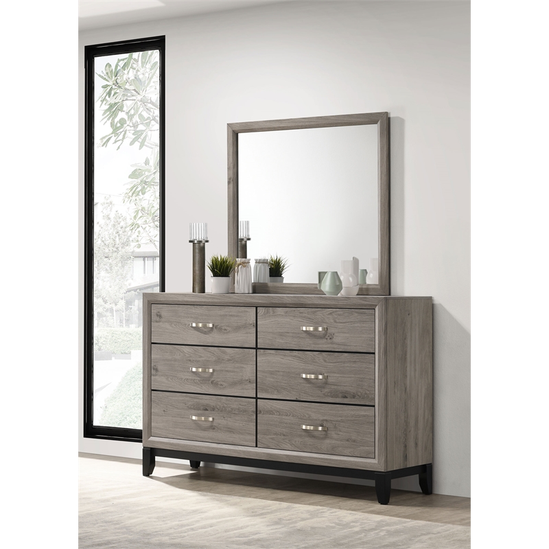 Pemberly Row 6-Drawer Transitional Wood Dresser and Mirror in Light Taupe