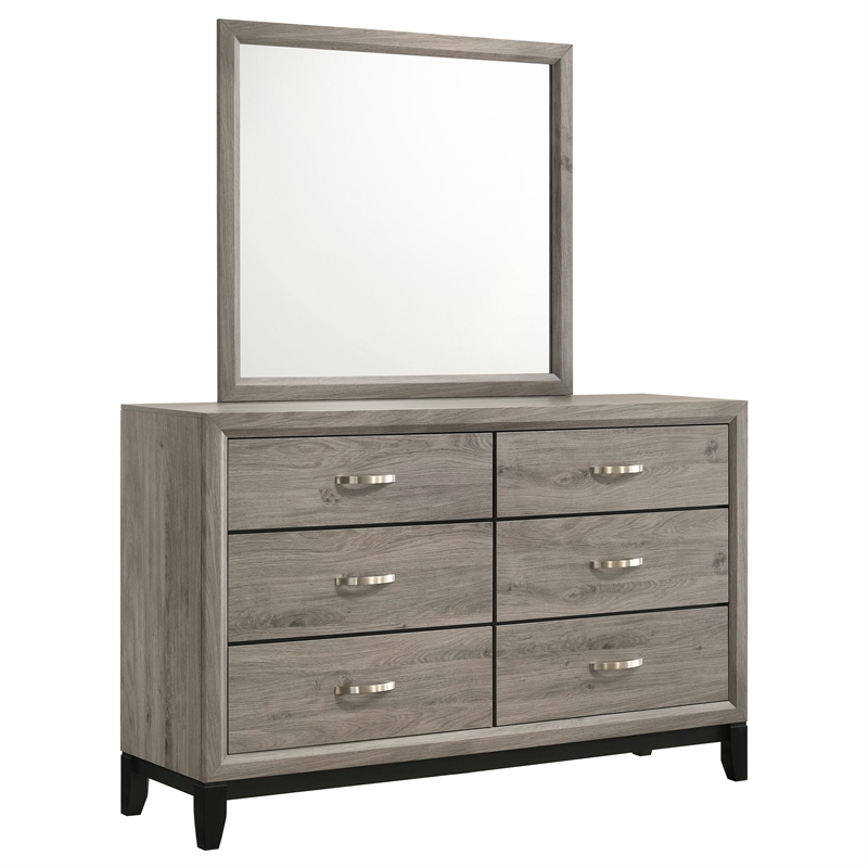 Pemberly Row 6-Drawer Transitional Wood Dresser and Mirror in Light Taupe