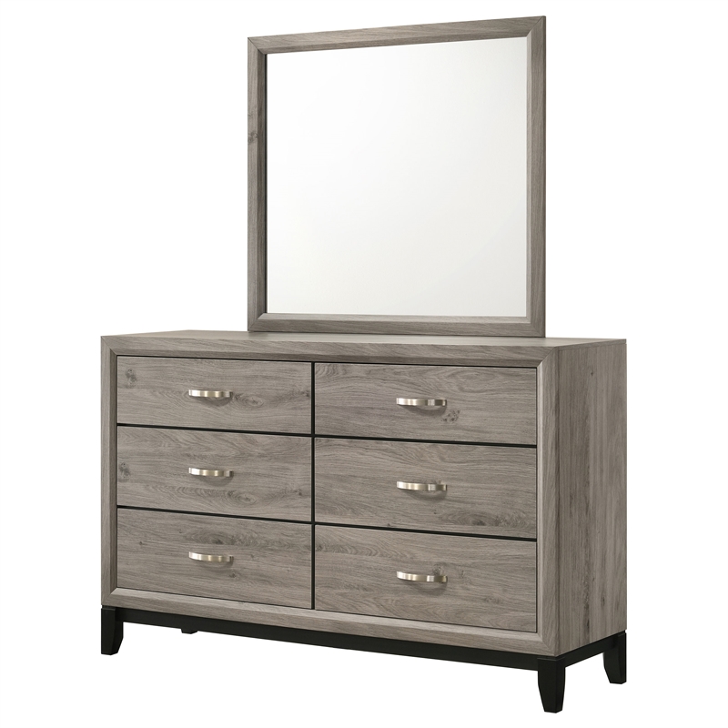 Pemberly Row 6-Drawer Transitional Wood Dresser and Mirror in Light Taupe