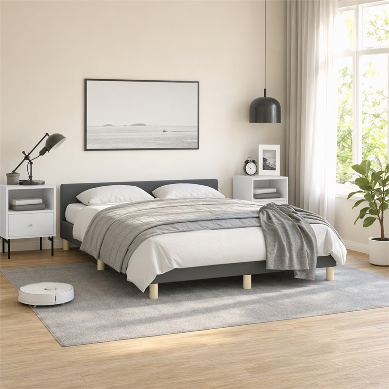 Pemberly Row Queen Bed Frame with Headboard in Dark Gray Fabric
