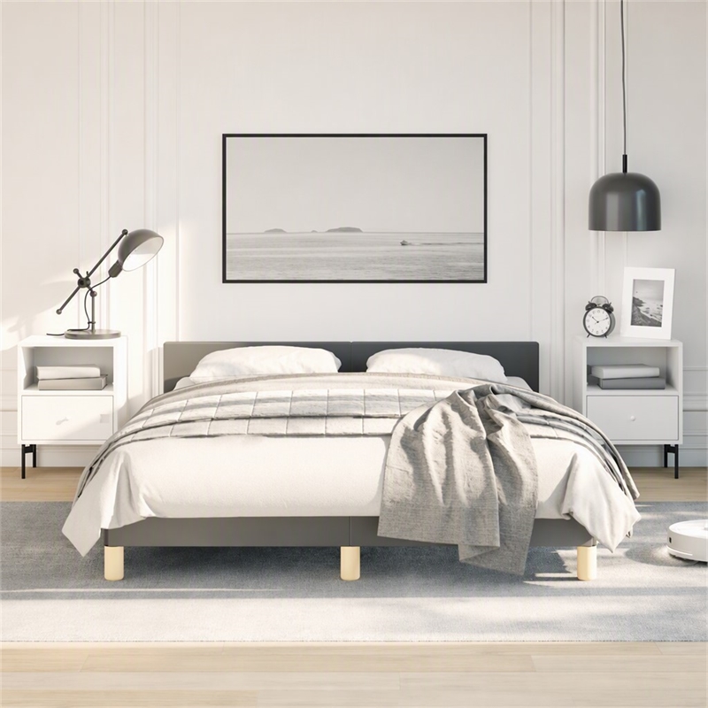 Pemberly Row Queen Bed Frame with Headboard in Dark Gray Fabric
