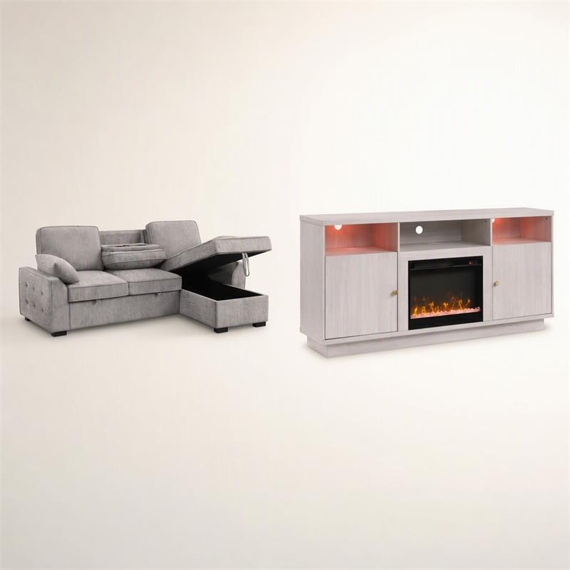 Pemberly Row Set of 2 Fireplace TV Console & Sleeper Sectional Sofa