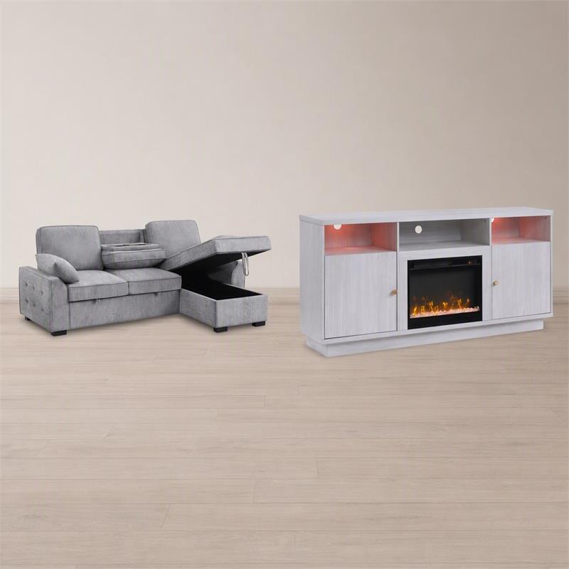 Pemberly Row Set of 2 Fireplace TV Console & Sleeper Sectional Sofa