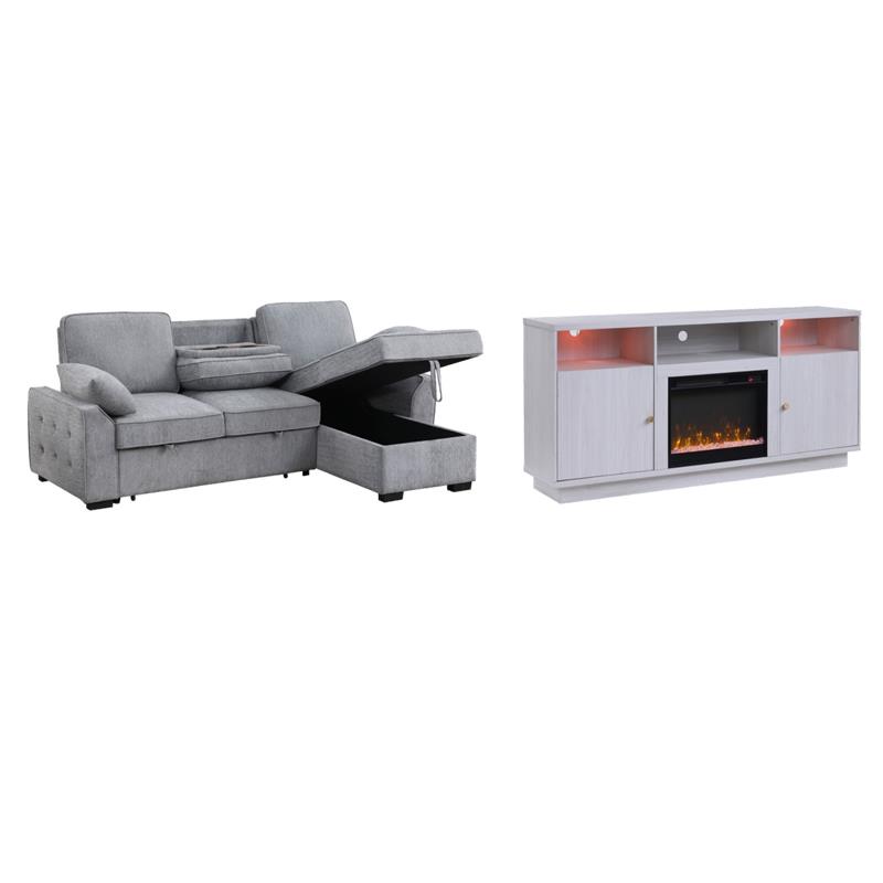Pemberly Row Set of 2 Fireplace TV Console & Sleeper Sectional Sofa