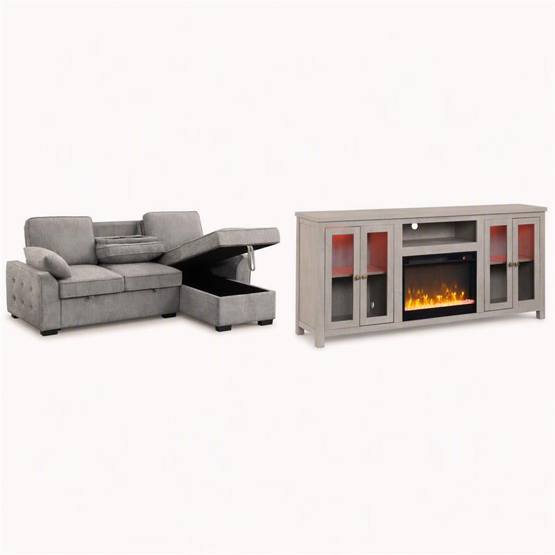 Pemberly Row Set of 2 Fireplace TV Stand and Sleeper Sectional Sofa