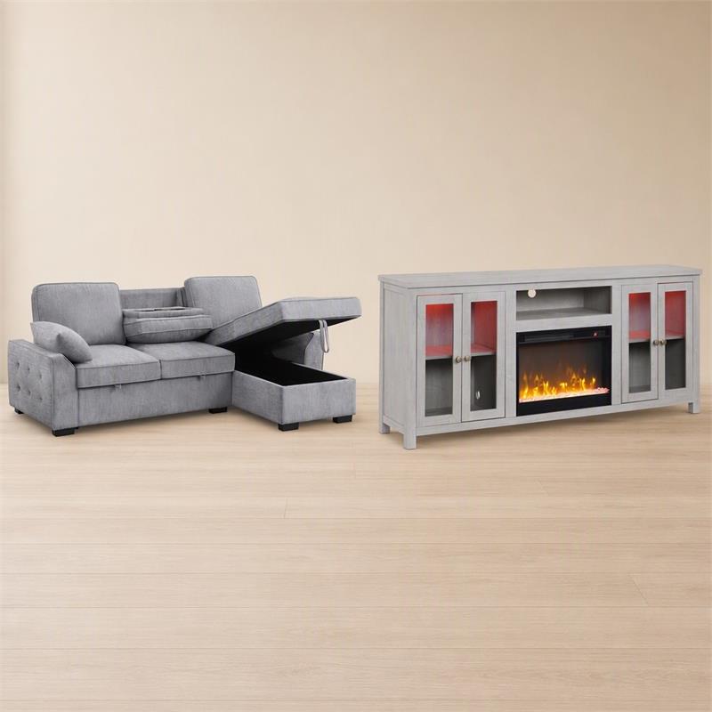 Pemberly Row Set of 2 Fireplace TV Stand and Sleeper Sectional Sofa