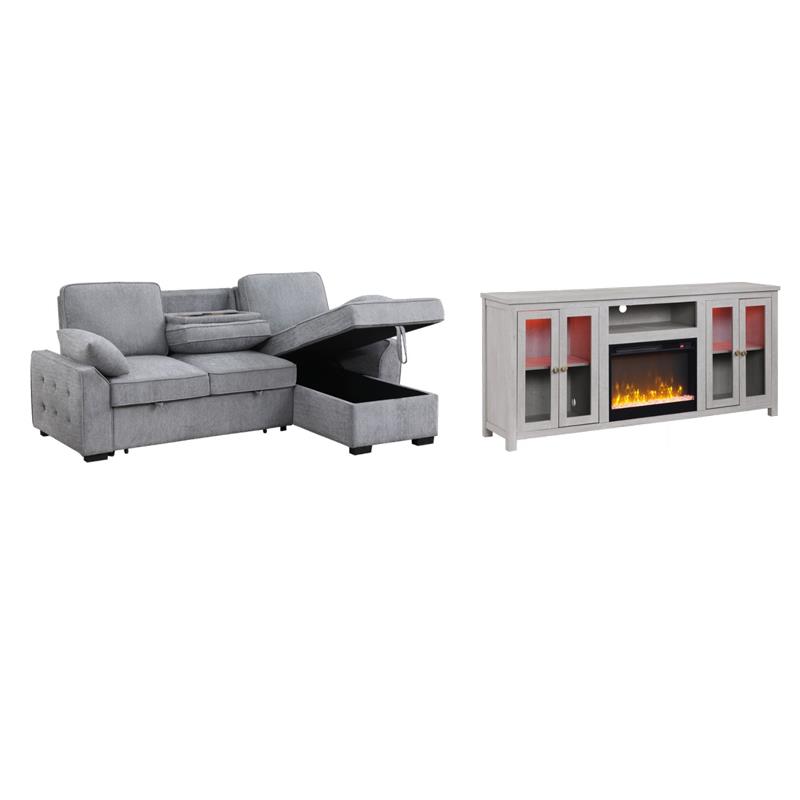 Pemberly Row Set of 2 Fireplace TV Stand and Sleeper Sectional Sofa