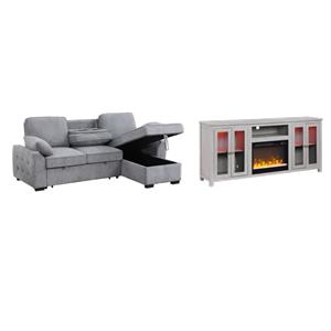 Pemberly Row Set of 2 Fireplace TV Stand and Sleeper Sectional Sofa