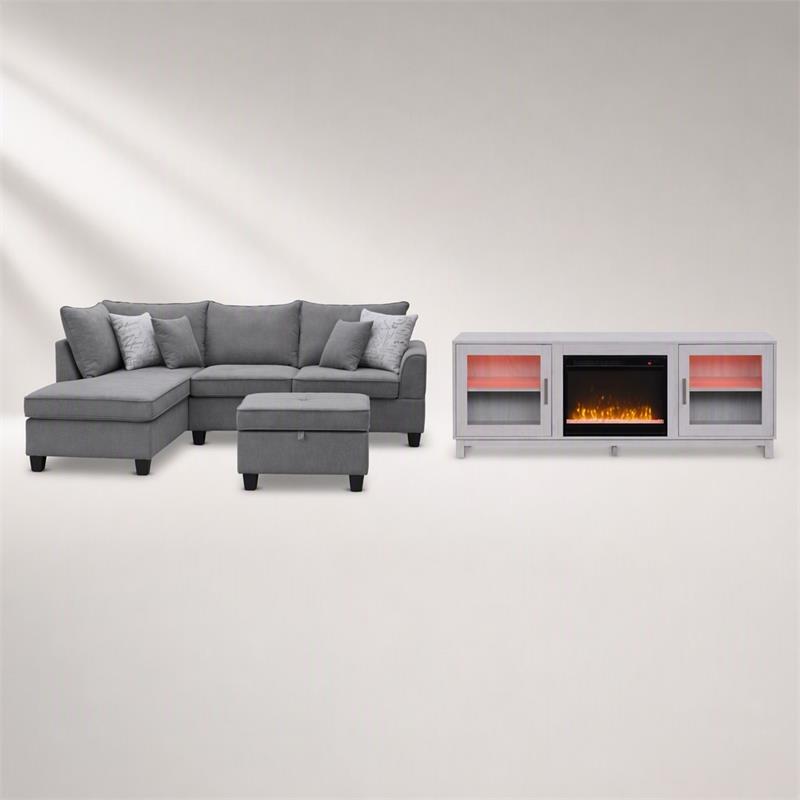 Pemberly Row 3Pc Set of Sectional Sofa with Ottoman and TV Stand with Fireplace