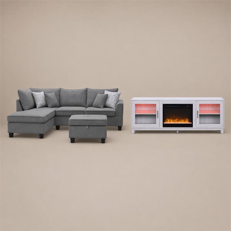 Pemberly Row 3Pc Set of Sectional Sofa with Ottoman and TV Stand with Fireplace